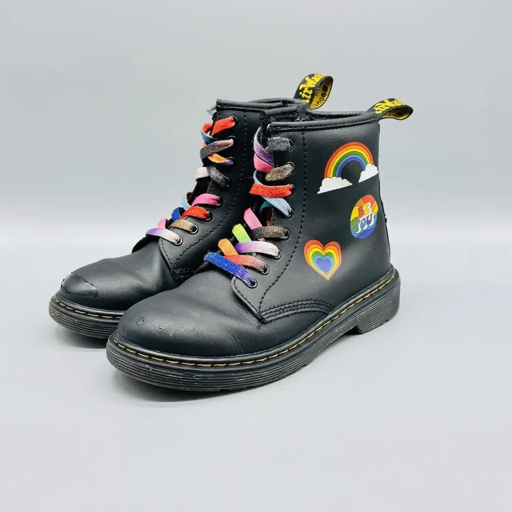 Dr. Martens Boots Youth 2 Black Rainbow Love Pride Stickers Lace Up 1460
